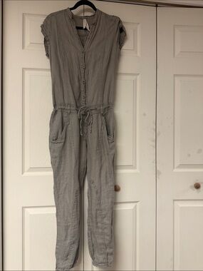 Summum Grey button down Linen Jumpsuit with Drawstring Waist